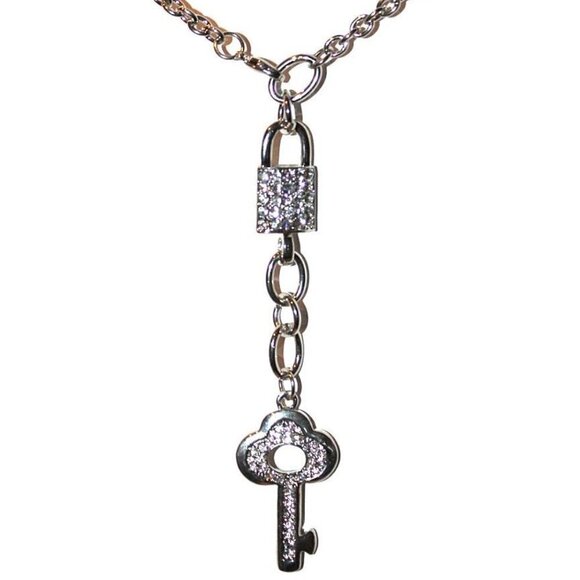 Silver Lariat Clear Crystal Lock & Key Charm Necklace Front Closure - Picture 1 of 2